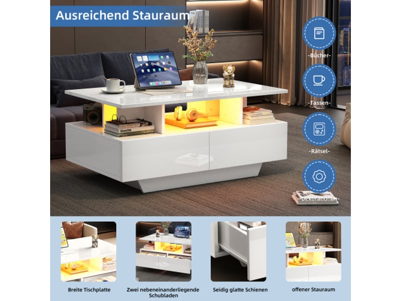  Table basse 90 x 55 x 41 cm éclairage led 2 tiroirs rangement charge maximale 30 kg effet haut brillance  - Conforama D