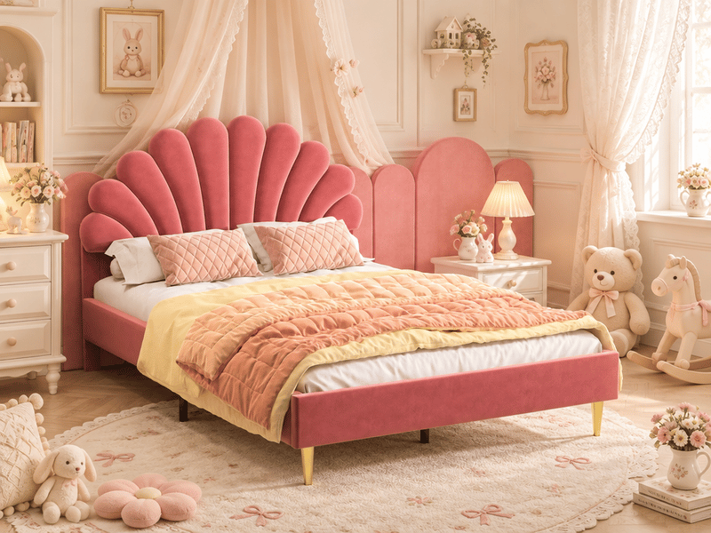  Lit enfant fille 140x200 cm lit princesse fille avec sommier à lattes pour enfants et adolescents, velours, ​​beige  - Conforama B