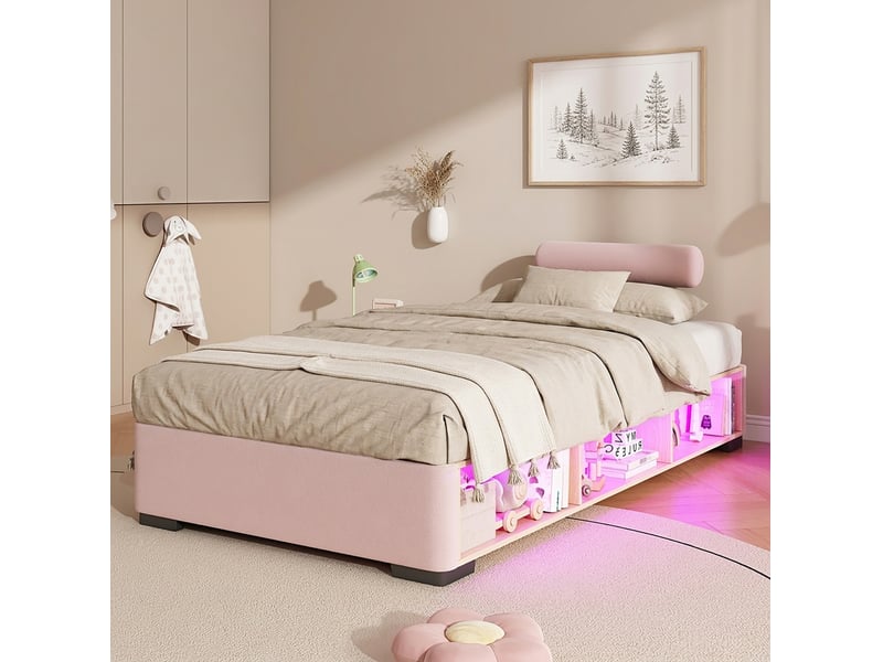  Lit enfant rembourré modenvie 90 x 200 cm rose avec étagère latérale led, rangement ouvert et appuie têtes montables sur 3 côtés  - Conforama E