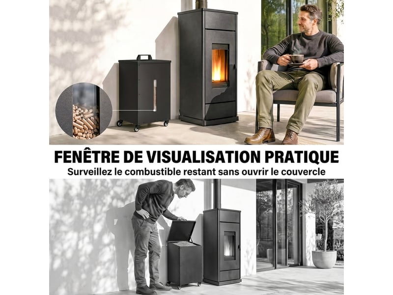 Réservoir à pellets granulés en acier 30 kg, roulettes, fenêtre de niveau, 36,5x36,5x61,5cm, tamis avec poignée, noir  - Conforama R
