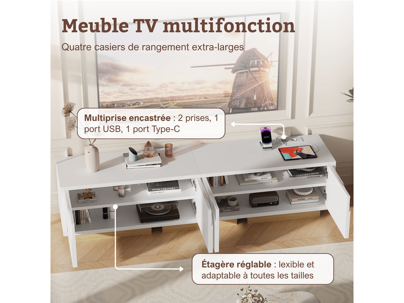  Meuble tv 175 cm longueur, meuble tv blanc et bois, meuble tele blanc brillant avec rangement, meuble tv moderne en bois pour salon ou chambre, support tv jusqu’à 75  - Conforama E