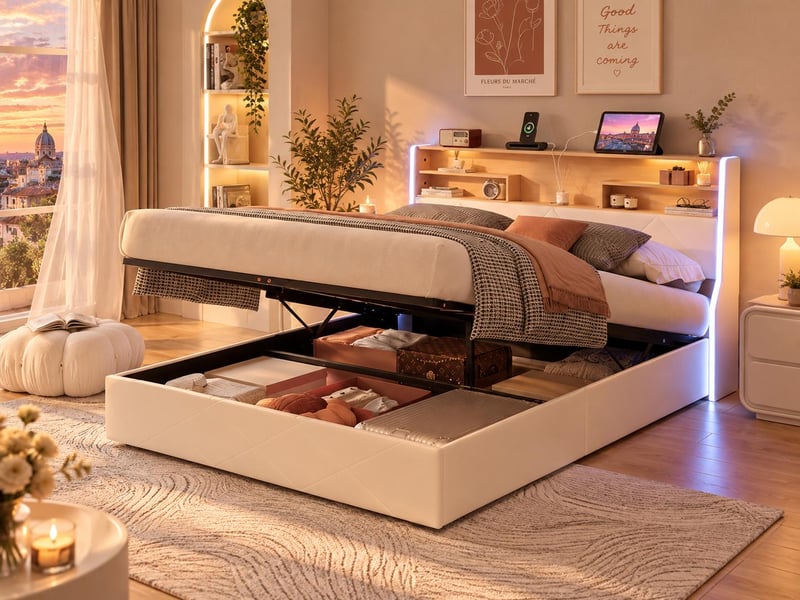  Lit coffre 140x190cm - lit 2 places - avec led - velours - beige, sommier à lattes (matelas non inclus)  - Conforama B