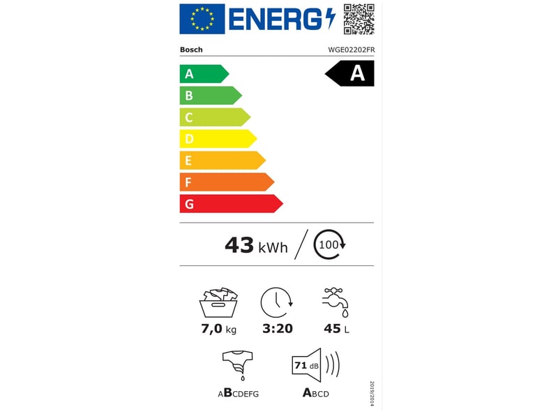 Bosch - bosch. Lave-linge. Ser2. Classe énergie a. 7.0 kg. 1.200 rmin. Affichage led. Touches tactiles. Blanc. Dimensions (hxlxp. Porte fermée) : 84.80 cm x 59.80 cm x 61.00 cm  wge02202fr - WGE02202FR - Conforama B