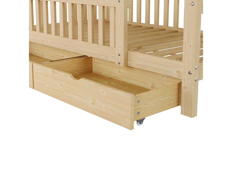 Lit cabane enfant 90x200 cm, lit au sol, tiroirs de rangement, barrière de sécurité, éclairage led, support à lattes stable, pin naturel CozyNest - Conforama E