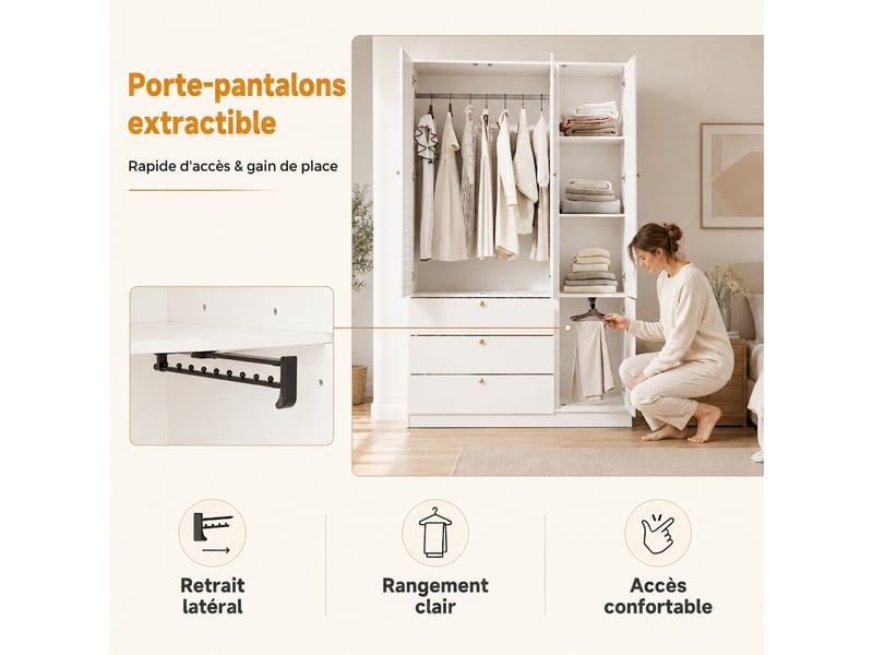  Armoire 10 portes chêne clair 225 cm avec 3 tiroirs et 2 tringles  - Conforama E