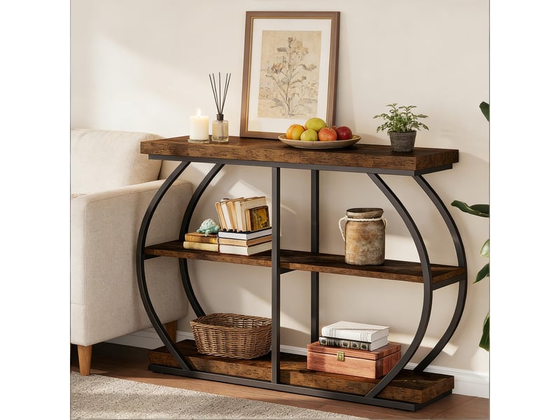  Console à 3 niveaux avec étagères de rangement, structure métallique, pour entrée et salon, bois marron 105 × 24 × 80 cm  - Conforama D