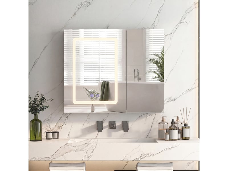  Armoire de toilette led 2 portes - 70 x 13.5 x 60 cm-blanc - meuble de salle de bain avec éclairage 3 couleurs, antibuée et double miroir  - Conforama D