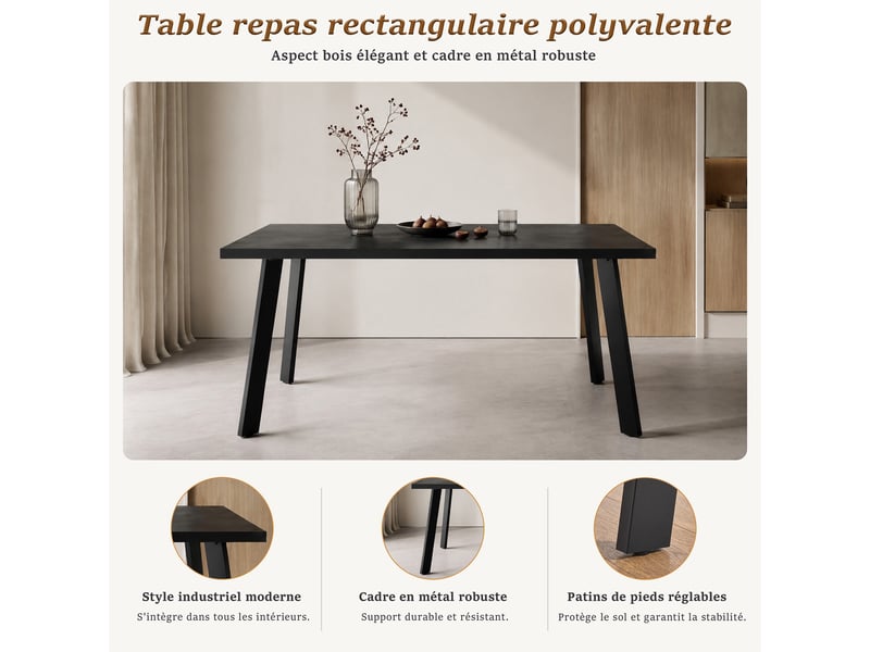  Ensemble table et 6 chaises - table rectangulaire 160x80 cm monobloc en chêne noir et pieds métal, 6 chaises en tissu marron moka et pieds métal  - Conforama D