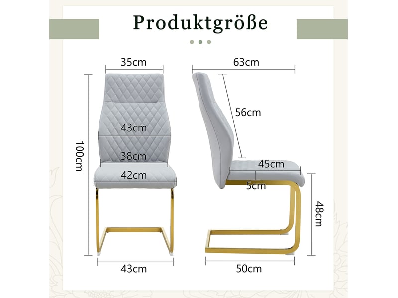  Lot de 2 chaises de salle à manger 43x63x100 cm, chaise cuisine, dossier haut motif losange, doré+gris clair, pu+métal  - Conforama C