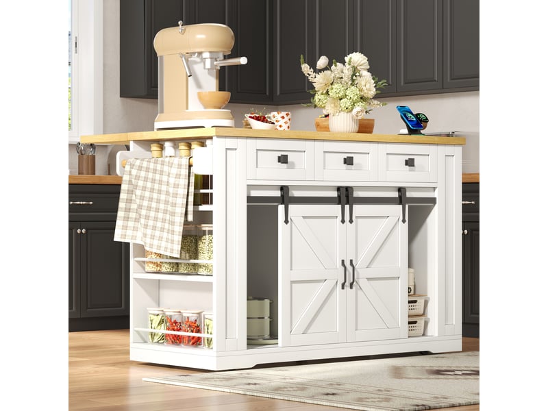 Îlot de cuisine mobile avec roulettes verrouillables, plan de travail rabattable, chariot avec prises électriques, 130x80x87 cm - Conforama W