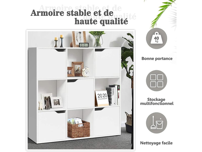 Costway meuble de rangement 9 cases, etagère de rangement, bibliothèque à 3 niveaux avec 5 portes, montage facile, idéal pour bureau, salon, chambre d’etude, 90 x 29 x 90 cm (blanc)  - Conforama D
