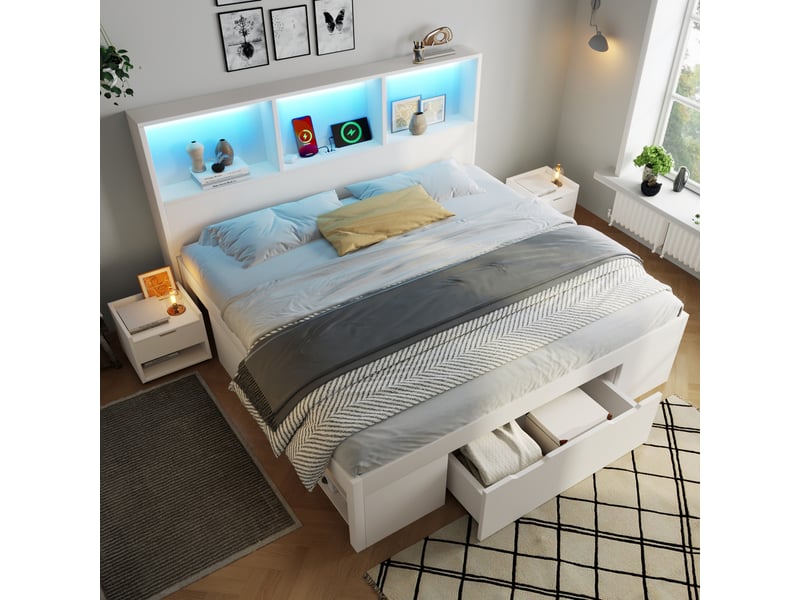 Lit 140 x 190 cm blanc avec rangement, led et 2 tables de chevet mobiles - Conforama B