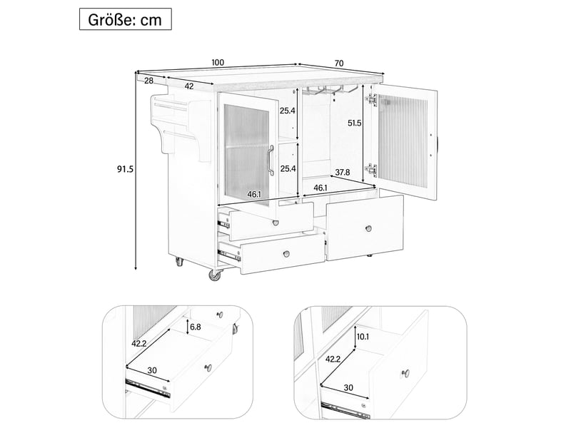  Desserte de cuisine 100x42-70 cm blanc et bois clair en mdf, plateau extensible avec rangements et roulettes  - Conforama C