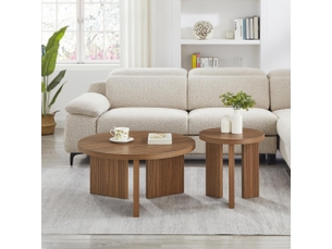 Tables basses gigognes avec 2 plateaux ronds, structure rainurée, style moderne, en mdf, décor noyer brun