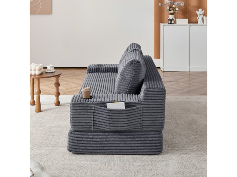  Canapé-lit 2 en 1 cord - 2 coussins, porte-gobelets sur accoudoirs, poches de rangement, salon et chambre  - Conforama D