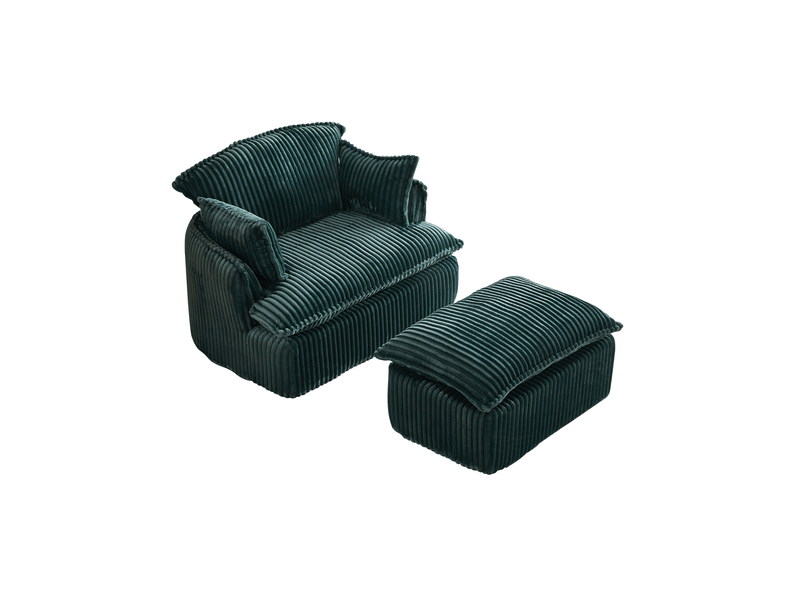 Fauteuil nuage compressé 1 place en velours côtelé vert avec pouf, mousse haute densité, esprit vintage pour salon - Conforama A