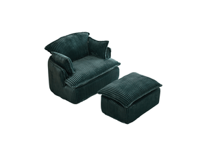 Fauteuil nuage compressé 1 place en velours côtelé vert avec pouf, mousse haute densité, esprit vintage pour salon