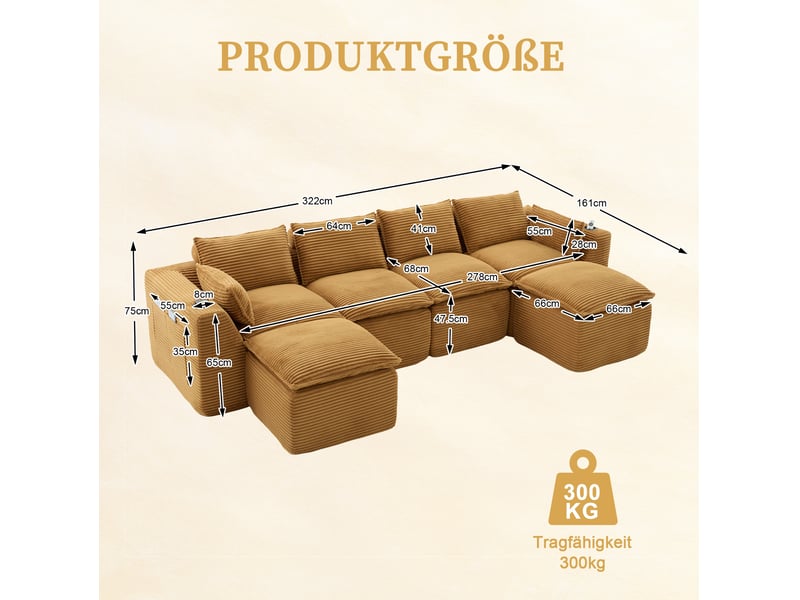 Canapé modulable modenvie 4 places orange en velours côtelé avec 2 repose-pieds, coussins, porte-gobelets et poches latérales 322 x 161 x 75 cm - Conforama C