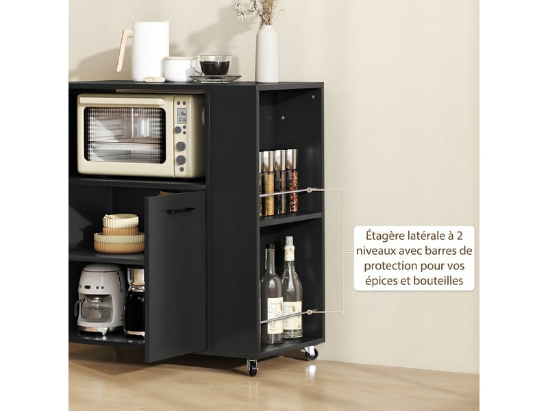 Desserte de cuisine à roulettes, îlot central cuisine avec plan de travail et étagère réglable, noir, 75x40x80,5cm - Conforama E