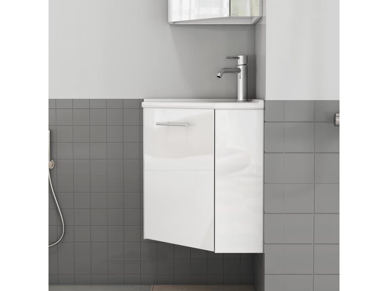  Meuble de salle de bain - 41.5x41.5x50cm - meuble d'angle lave-mains suspendu prémonté avec vasque céramique &amp; porte - blanc  - Conforama D