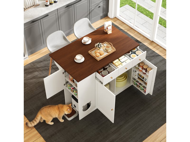  Îlot de cuisine avec plateau extensible et espace, meuble de rangement avec tiroirs et étagères, blanc et noyer, 120cm  - Conforama C