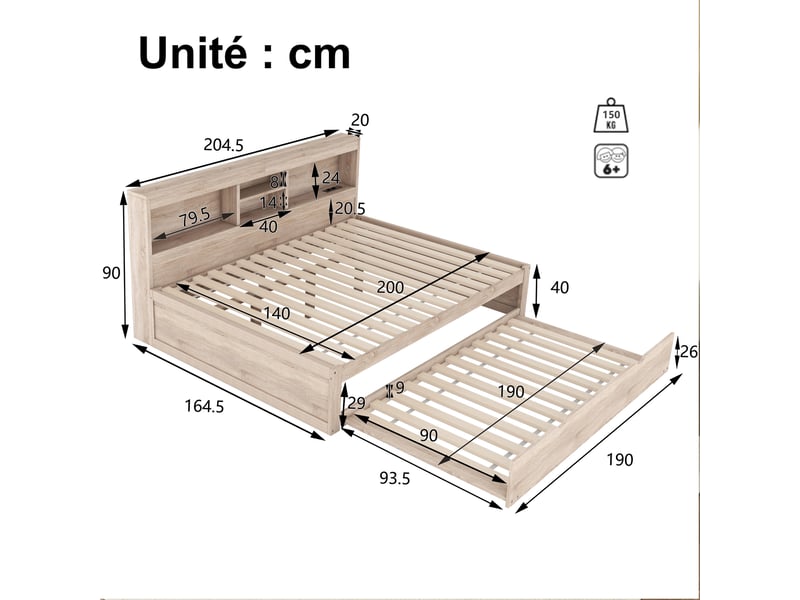 Lit gigogne 140x200 cm - lit adoadulte avec tiroir 90x190 et éclairage led télécommandé - ports usb, prise électrique et rangement intégré - naturel - Conforama C