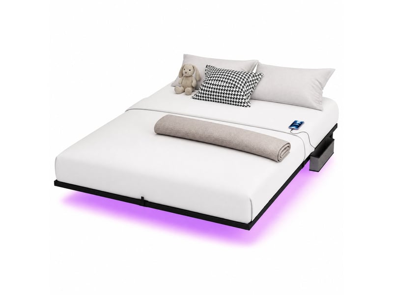  Lit double 160×200 cm flottant avec led réglable, usb et type-c - okmyhome- acier noir, sans matelas  - Conforama A