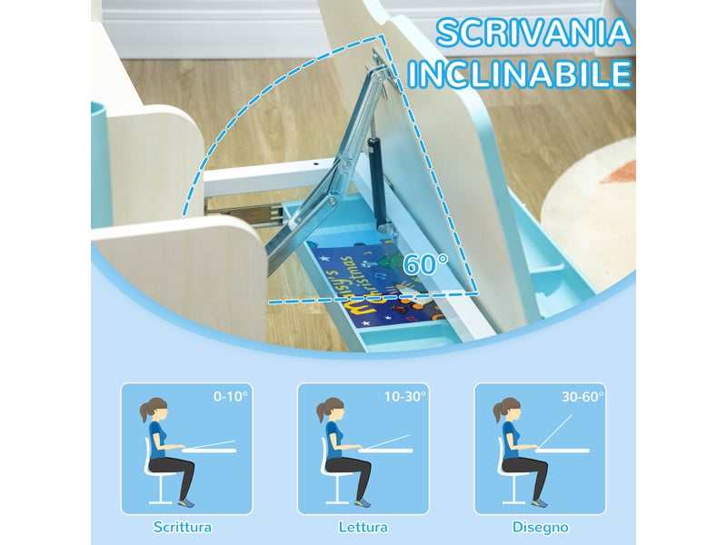 Bureau enfant avec chaise réglable bleu, 3 à 12 ans, plateau inclinable et rangement - Conforama W