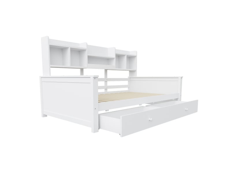 Canapé-lit 90x200 cm avec tiroirs et étagères – lit enfant bois massif blanc - Conforama A