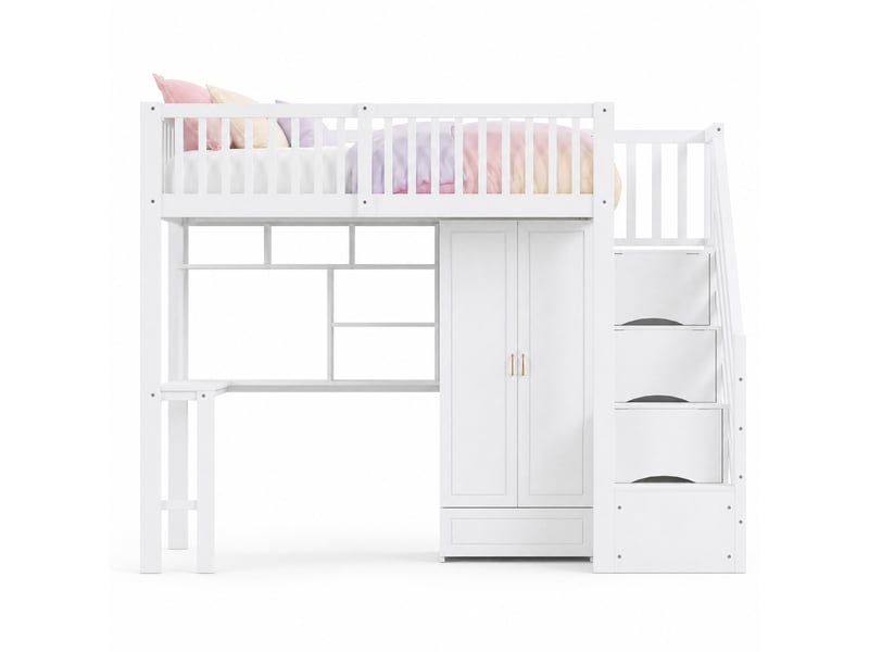  Lit mezzanine 200×90 cm avec armoire, bureau, étagères et escalier à tiroirs, en bois blanc  - Conforama A