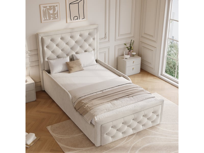  Lit enfant simple 90x200cm beige velours, lit hydraulique rembourré, grand rangement, sommier à lattes WG - Conforama D