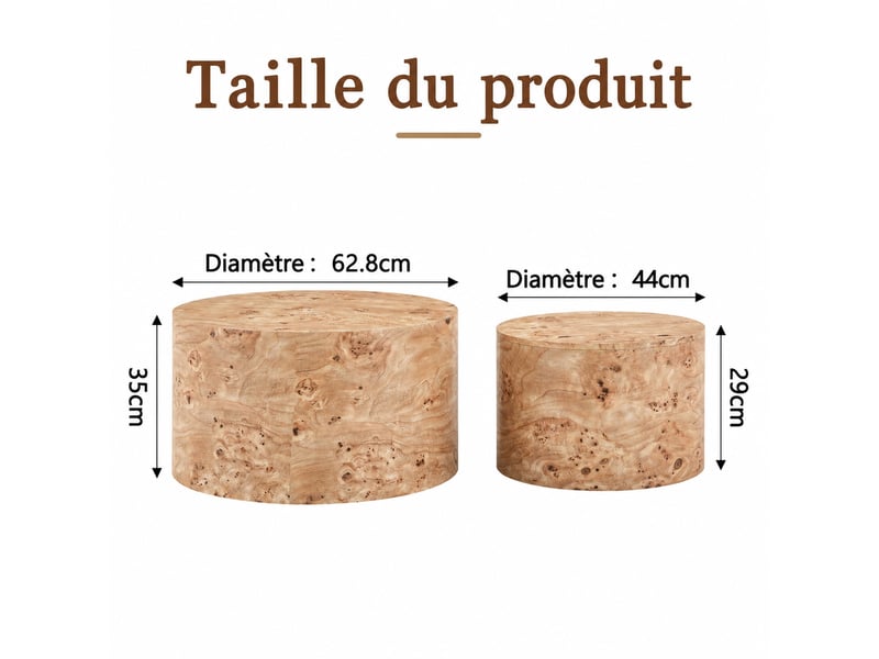  Lot de 2 tables basses rondes gigognes avec rangement – mdf aspect bois clair – ø 62,8 et 44 cm  - Conforama D