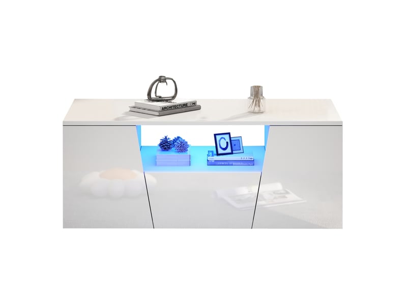  Table basse 100x50x40 cm led réglable, 2 portes 1 tiroir, design irrégulier, laquée, panneaux de particules, blanc  - Conforama A