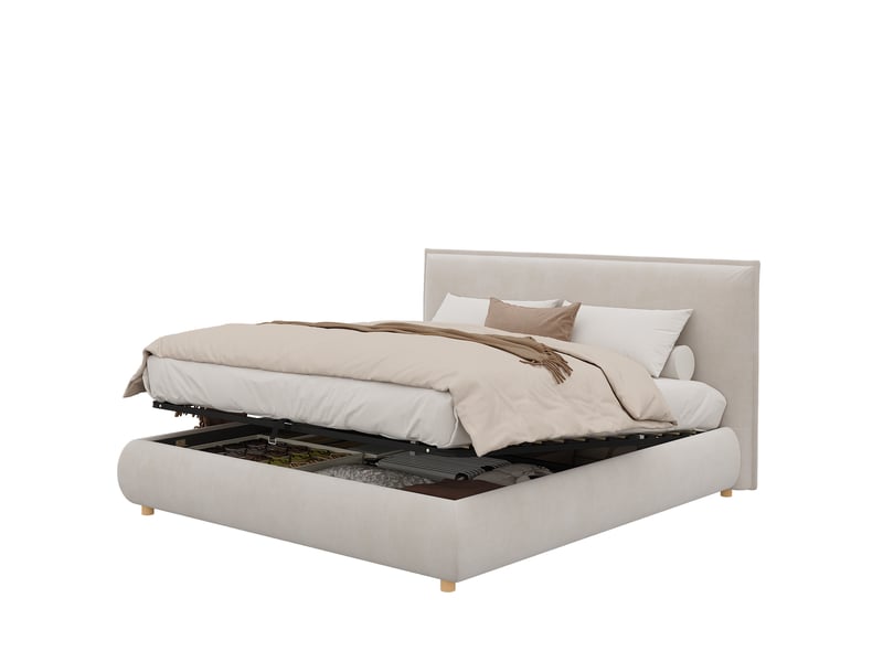 Lit coffre 160x200 cm, lit double en velours crème avec sommier, sans matelas - Conforama A