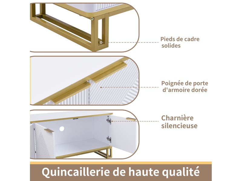  Meuble tv blanc et or 160 cm 4 portes - design géométrique mdf métal  - Conforama E