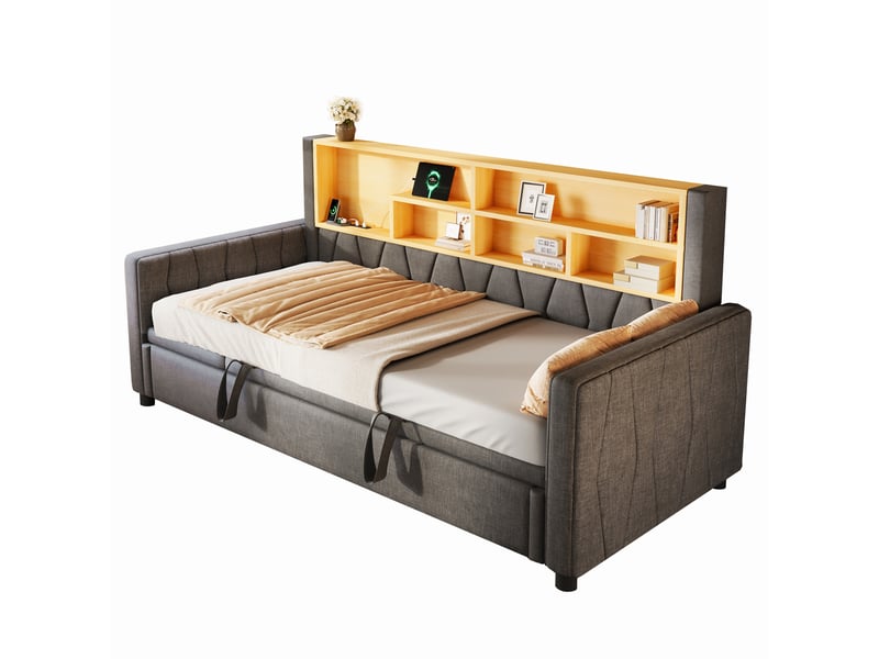  Lit banquette extensible 90 x 200 à 180 x 200 cm avec led multicolore et ports usbtype-c, sans matelas, lin et mdf - gris OMNIGLINT TRADING LTD - Conforama A