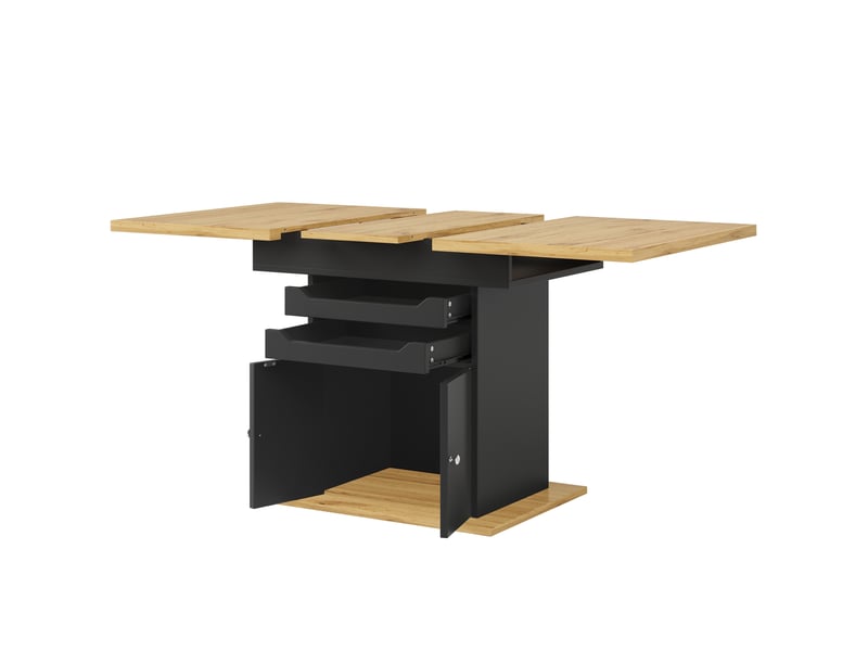  Table à manger extensible 110-140 x 80 x 76 cm rangement intégré 2 tiroirs design moderne mdf noir et naturel  - Conforama E