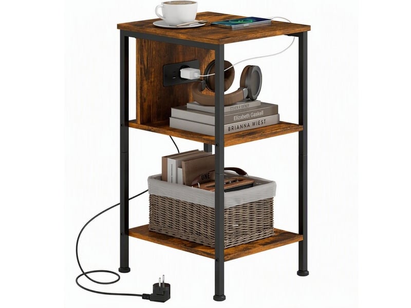  Table d’appoint 34x30x58 cm avec station de charge panneau de particules métal marron rustique  - Conforama A
