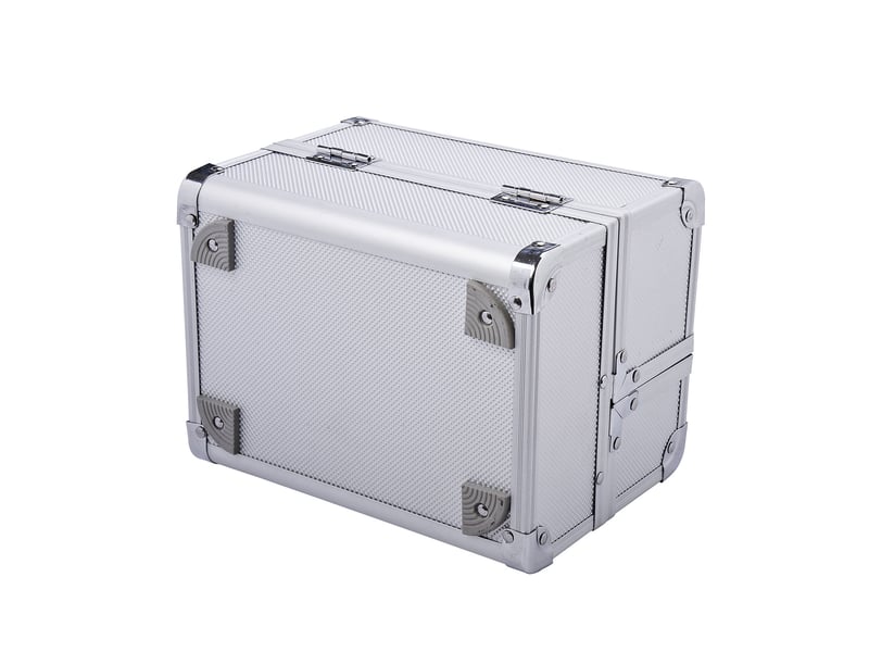  Trousse de maquillage professionnelle portable, 3 compartiments, miroir, 2 clés, pour bijoux manucure voyage, 20 x 15 x 15 cm, argent  - Conforama B