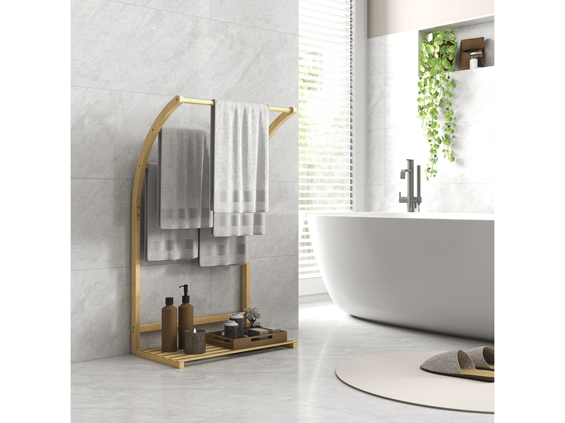  Porte-serviettes en bambou 3 barres avec étagère de rangement,pour la salle de bains et la buanderie,finition naturel  - Conforama C