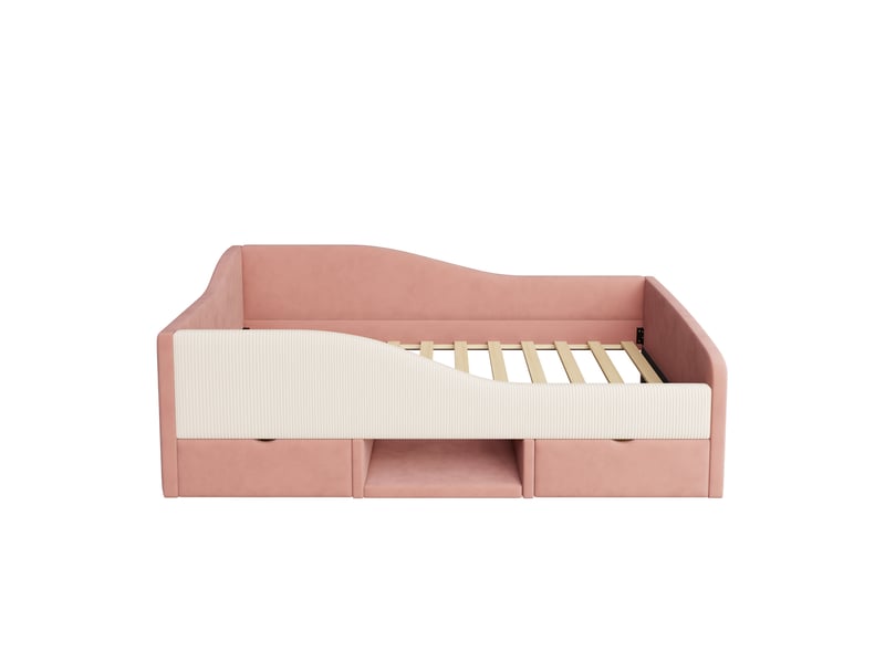  Lit canapé enfant velours rose et crème 90x190 cm avec 2 tiroirs et barrières  - Conforama A