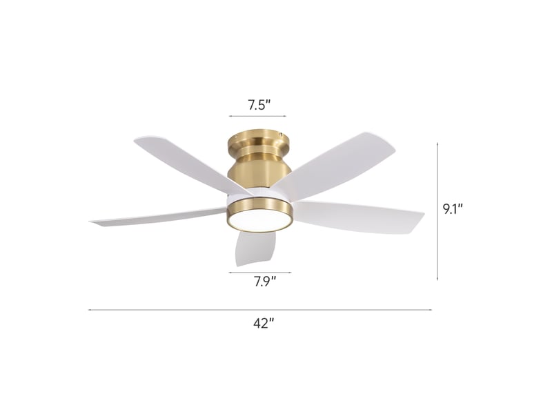Ventilateur de plafond avec éclairage led 106 cm, plafonnier silencieux avec télécommande pour chambre salon, plat 5 pales abs 6 vitesses, blanc et or - Conforama E