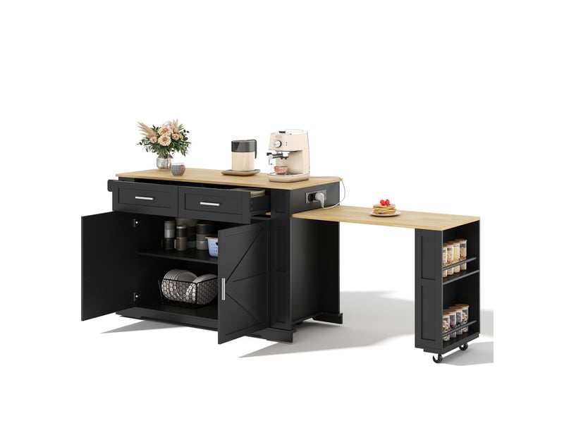  Îlot de cuisine mobile noir et bois naturel en mdf, table extensible, 2 tiroirs, meuble à double porte, 120 × 50 × 93 cm  - Conforama C