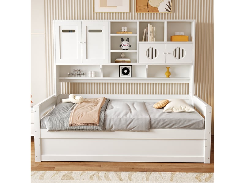  Lit avec coffre, 90x200 cm, structure, avec coffre de rangement hydraulique, matelas non inclus, bois, coloris blanc  - Conforama D