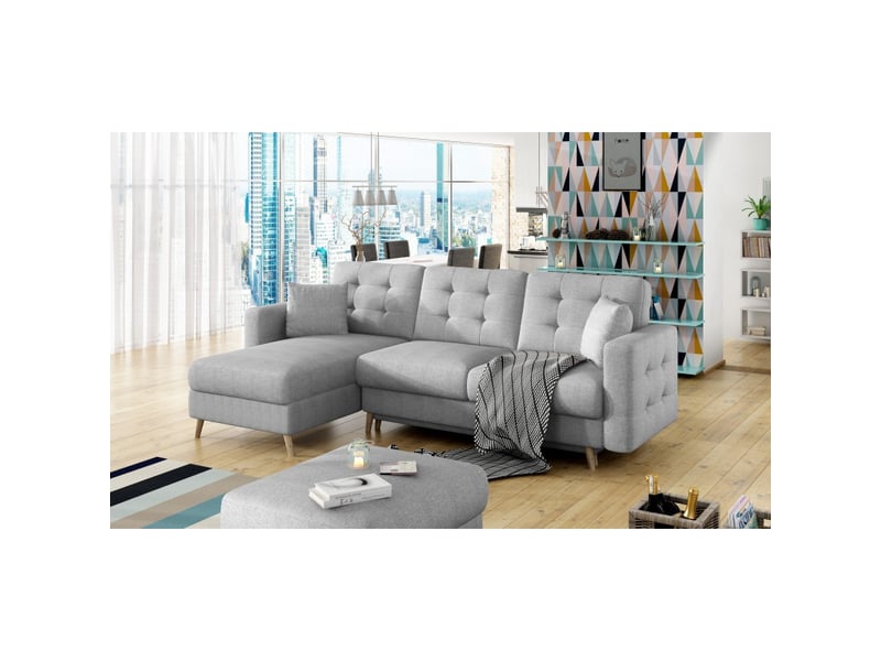  Canapé d'angle convertible hasgard 3 places gris 248x162 cm – coffre et pieds bois  - Conforama B