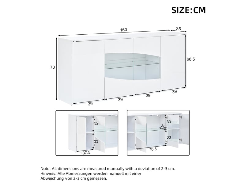  Buffet 160 cm 4 portes blanc brillant avec led et vitrine  - Conforama C