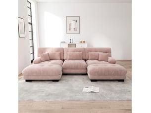 Canapé d'angle modulable 3 places en tissu rose, ottomans mobiles, convertible au confort enveloppant pour votre salon