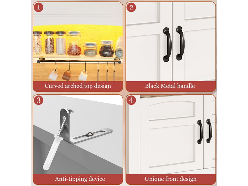  Buffet de cuisine haut avec 3 portes, étagères réglables, led et plan de travail pour cuisine en mdf blanc  - Conforama E