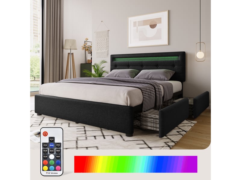 Lit avec têtes de lit led et 4 tiroirs en lin noir 140 x 200 cm  - Conforama E