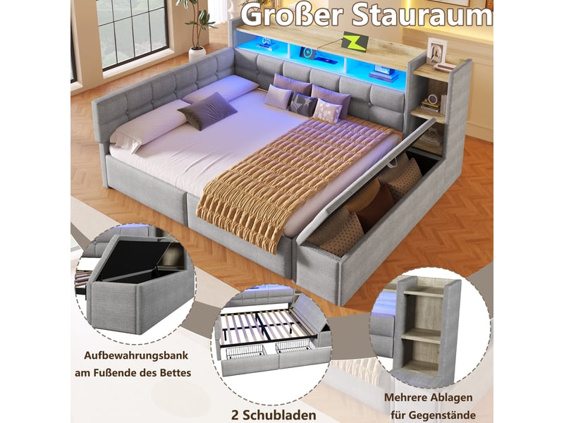  Lit de jour canapé-lit, 140 × 190 cm, gris, velours, 2 tiroirs, banquette coffre, rangements, led, usb + type-c, sans matelas  - Conforama C